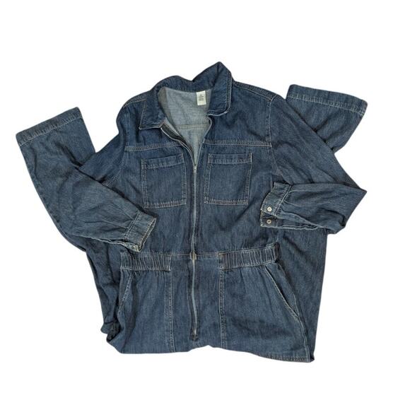 &Denim Jumpsuit Chambray Blue Long Sleeve Tie Waist Pockets Size M - Picture 5 of 6